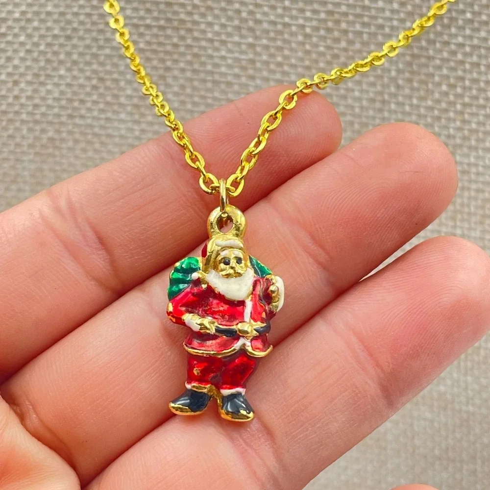Vtg Santa Claus Christmas Pendant Necklace Enameled Holiday Jewelry Gold Tone